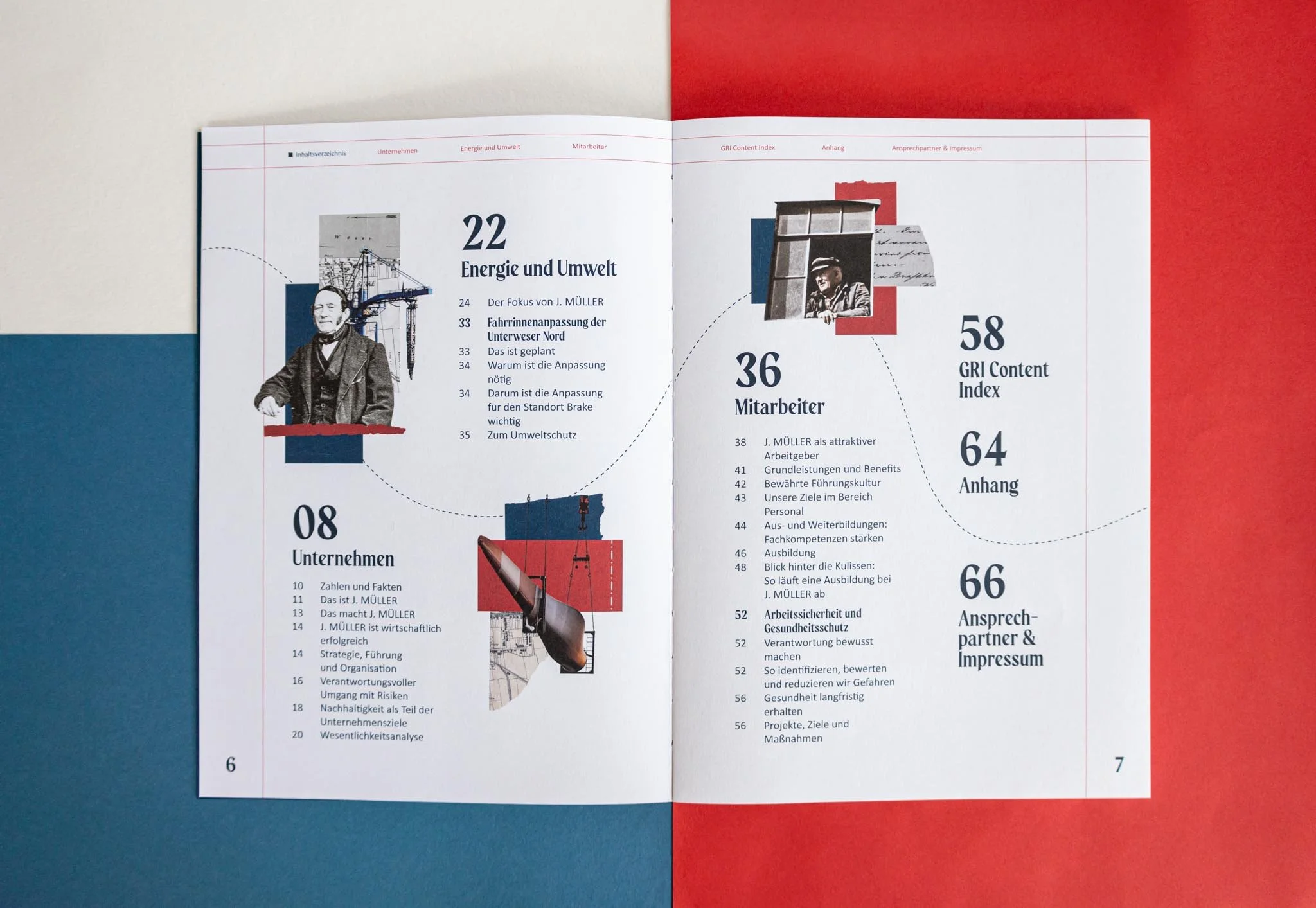 Offene Doppelseite eines Magazins mit Inhaltsverzeichnis, das Kapitel zu Energie und Umwelt behandelt, mit Grafiken und Fotos.