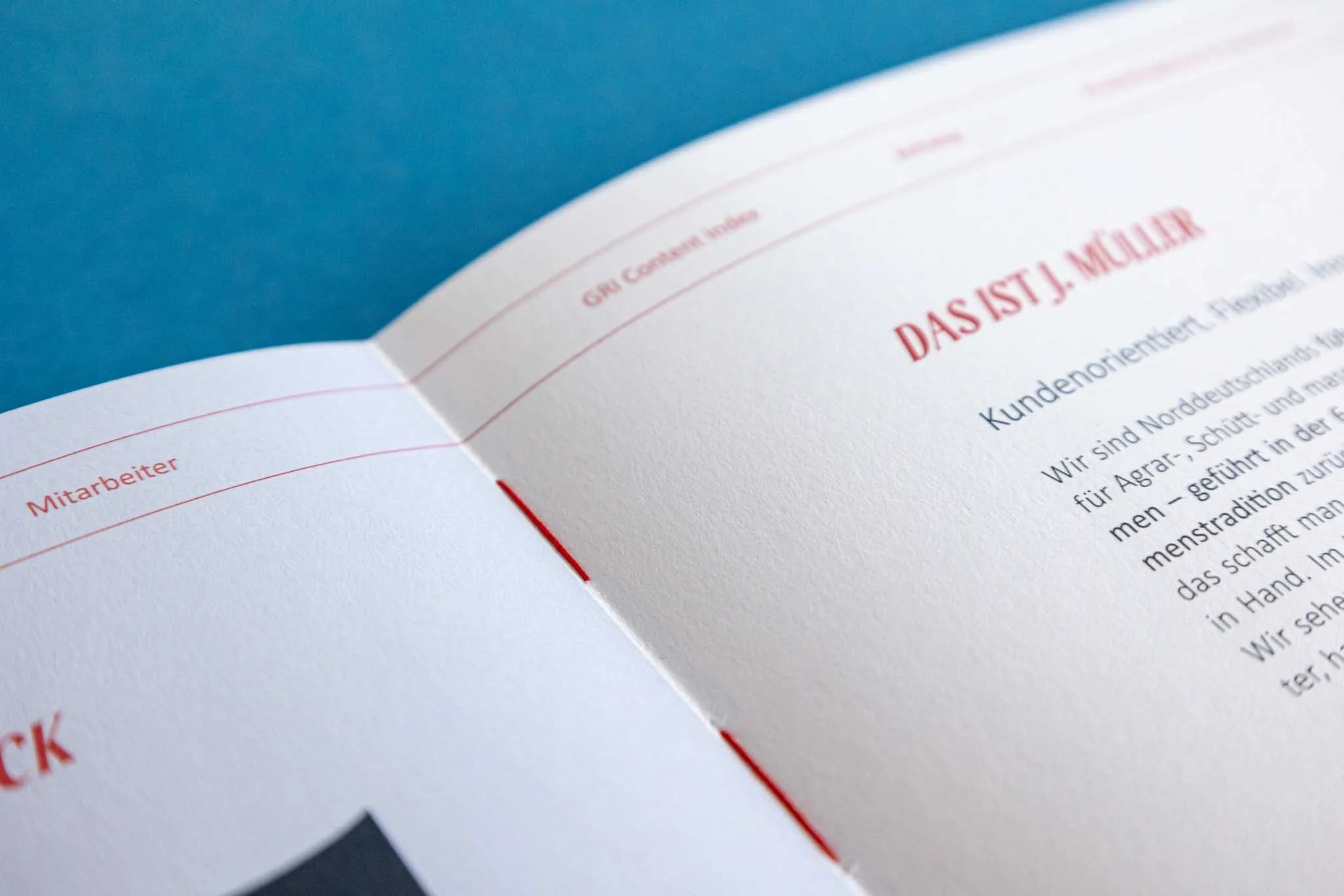 Offenes Buch mit Text auf Deutsch und rotem Header, auf blauem Hintergrund.