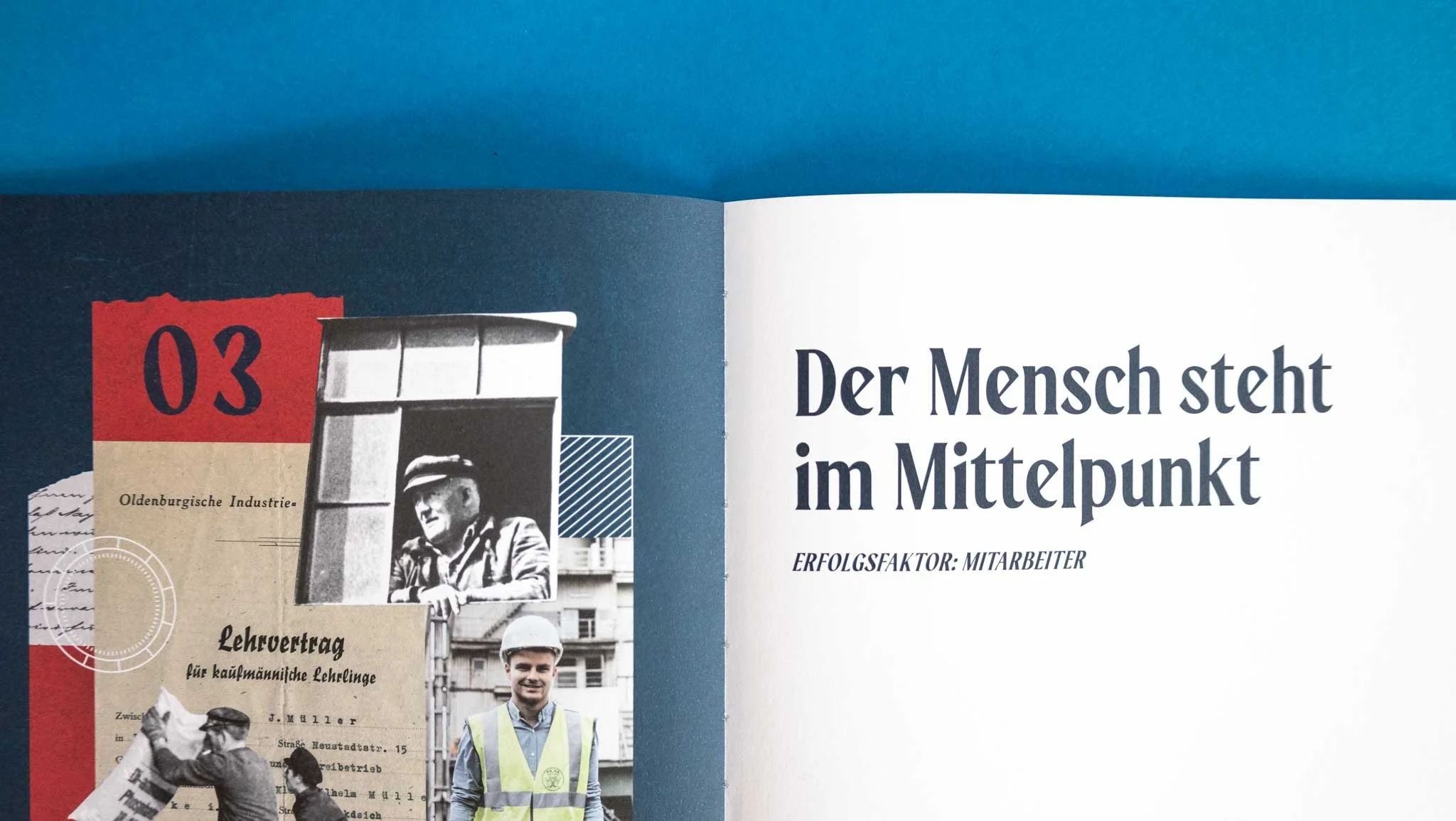 Eine Buchseite mit Bild von einem älteren Mann in einem orangefarbenen Helm, einem jungen Mann in Warnweste, und Text in deutscher Sprache, der den Fokus auf den Menschen legt.
