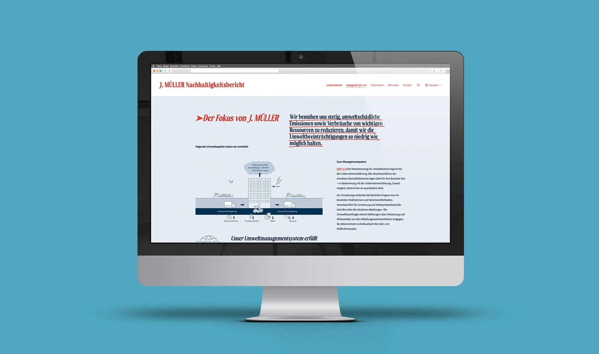 Screenshot eines Umweltberichts auf einem Computerbildschirm, zeigt Text und eine Grafik zum Umweltmanagement und Emissionen, auf blauem Hintergrund.