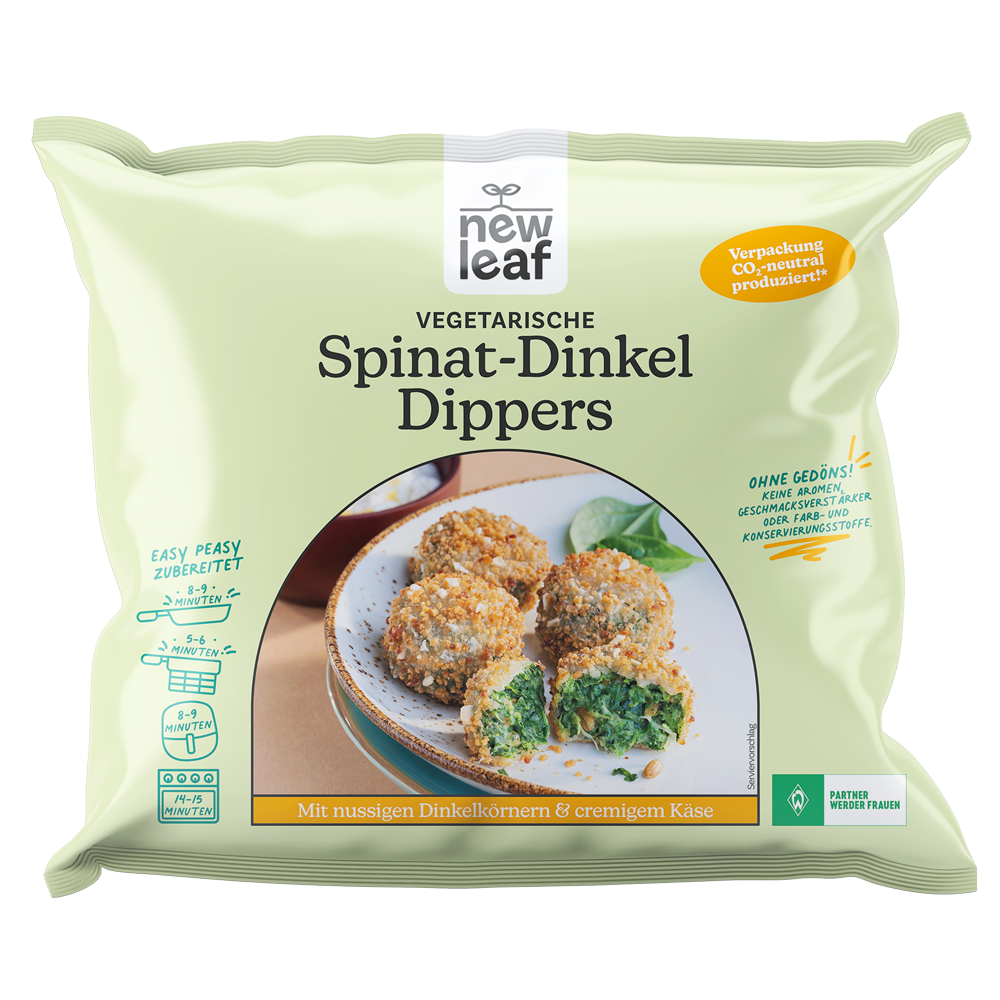 Vegetarische Spinat-Dinkel Dippers in grüner Verpackung, mitbild vom Gericht auf einem Teller und Textinformationen.