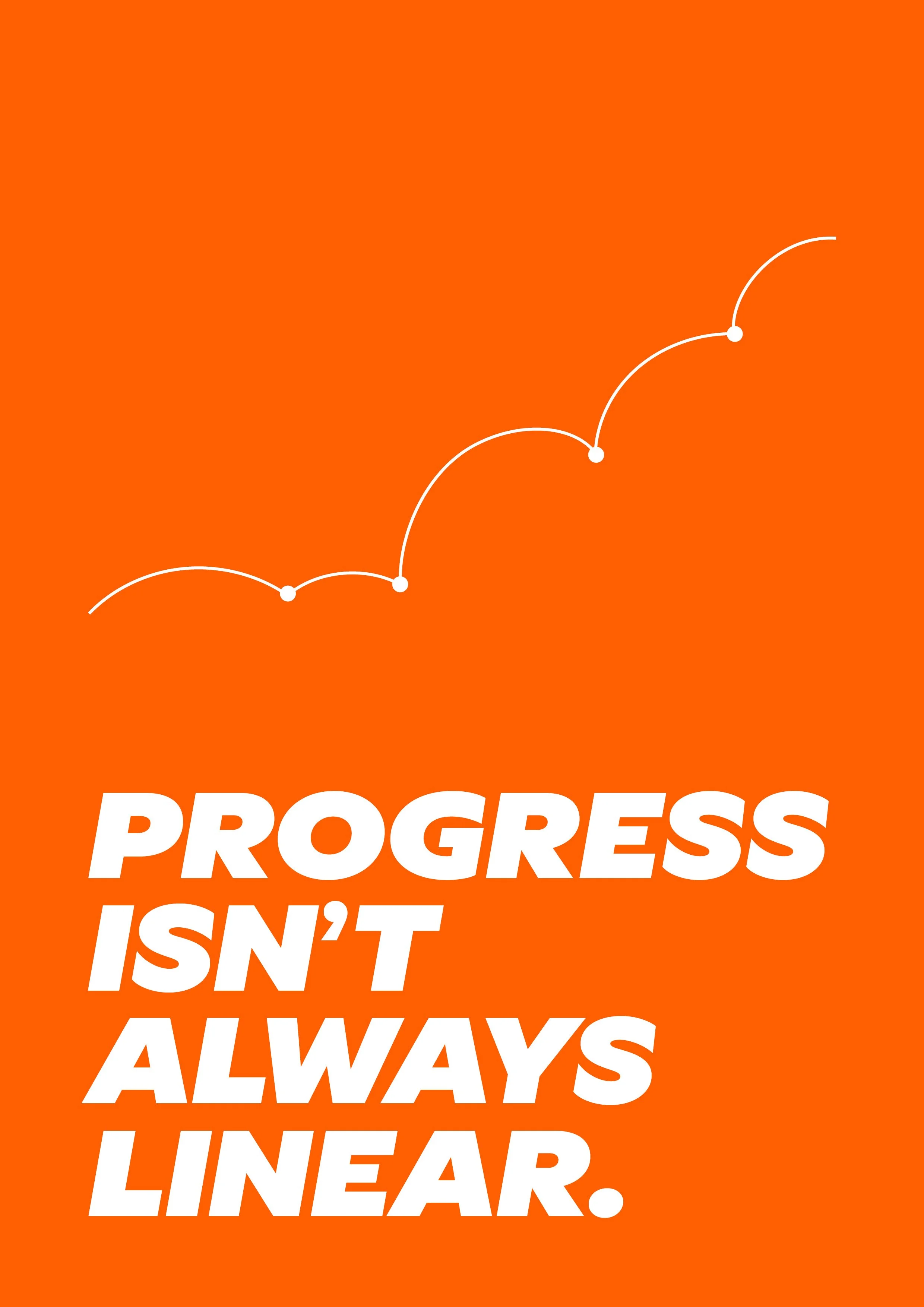 Eine Grafik auf der in weiß auf orange geschrieben steht "Progress isn't always linear", darüber ist eine Linie, die in Bögen aufwärts steigt.