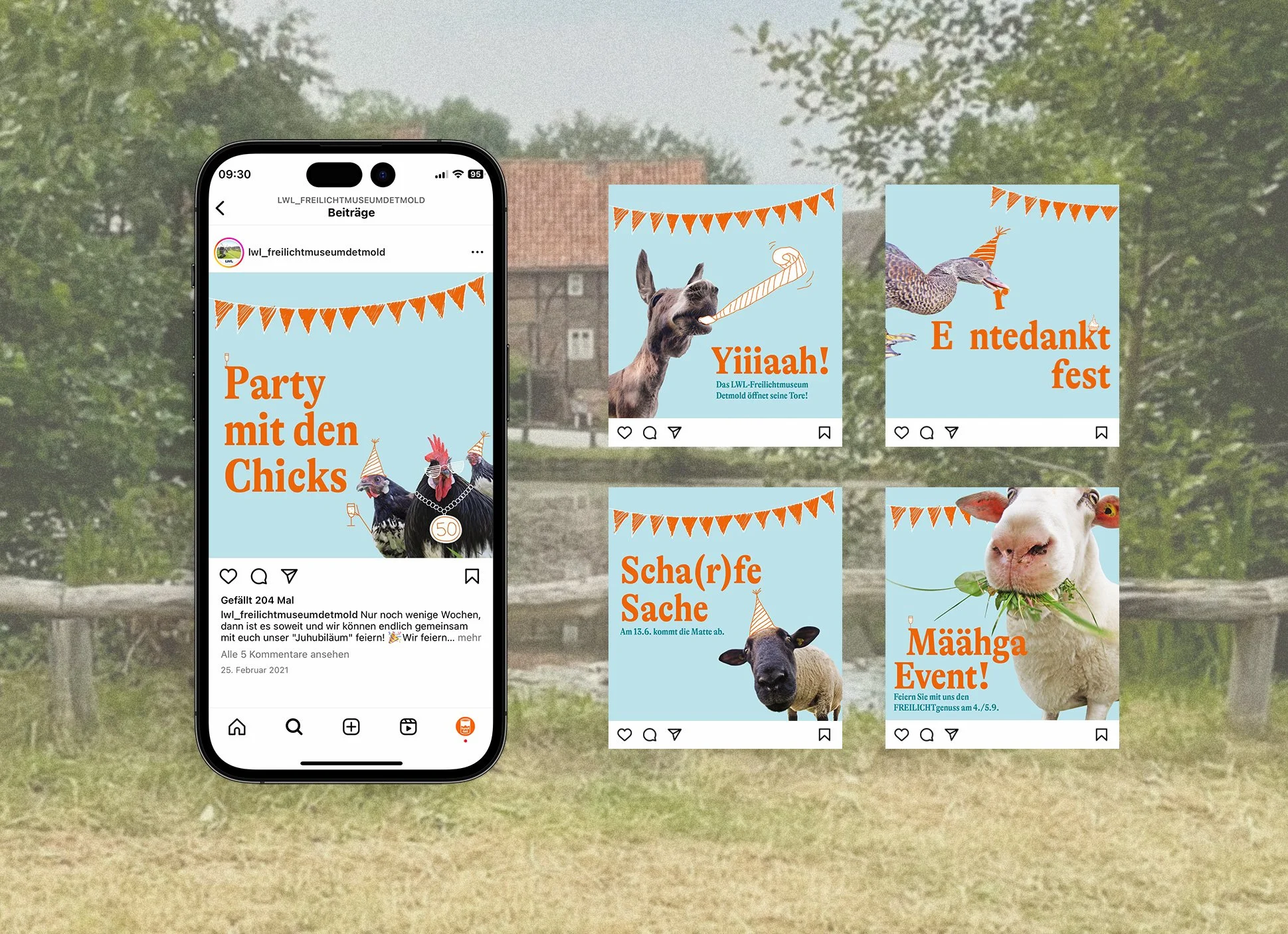 Ein Smartphone, auf dem Instagram geöffnet ist und einen Beitrag zeigt der LWL zeigt. Daneben sind vier weitere Posts zu sehen.