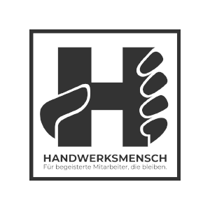 Schwarzes und weißes Logo mit einem großen Buchstaben H, umgeben von zwei Händen, die das H halten. Darunter der Text: 'Handwerksmensch' und 'Für begeisterte Mitarbeiter, die bleiben.'