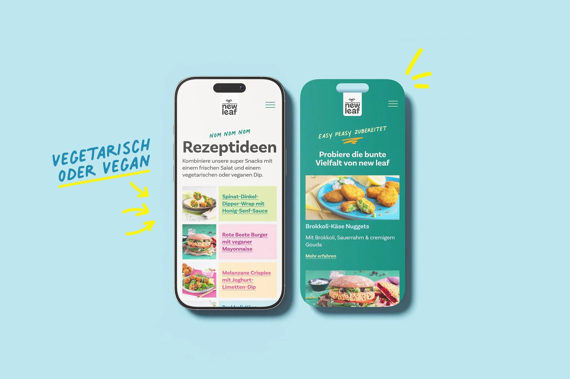 Zwei Handys zeigen die Webseite von 'new leaf' mit vegetarischen und veganen Rezepten und Produkten gegen die bunte Vielfalt der Lebensmittel