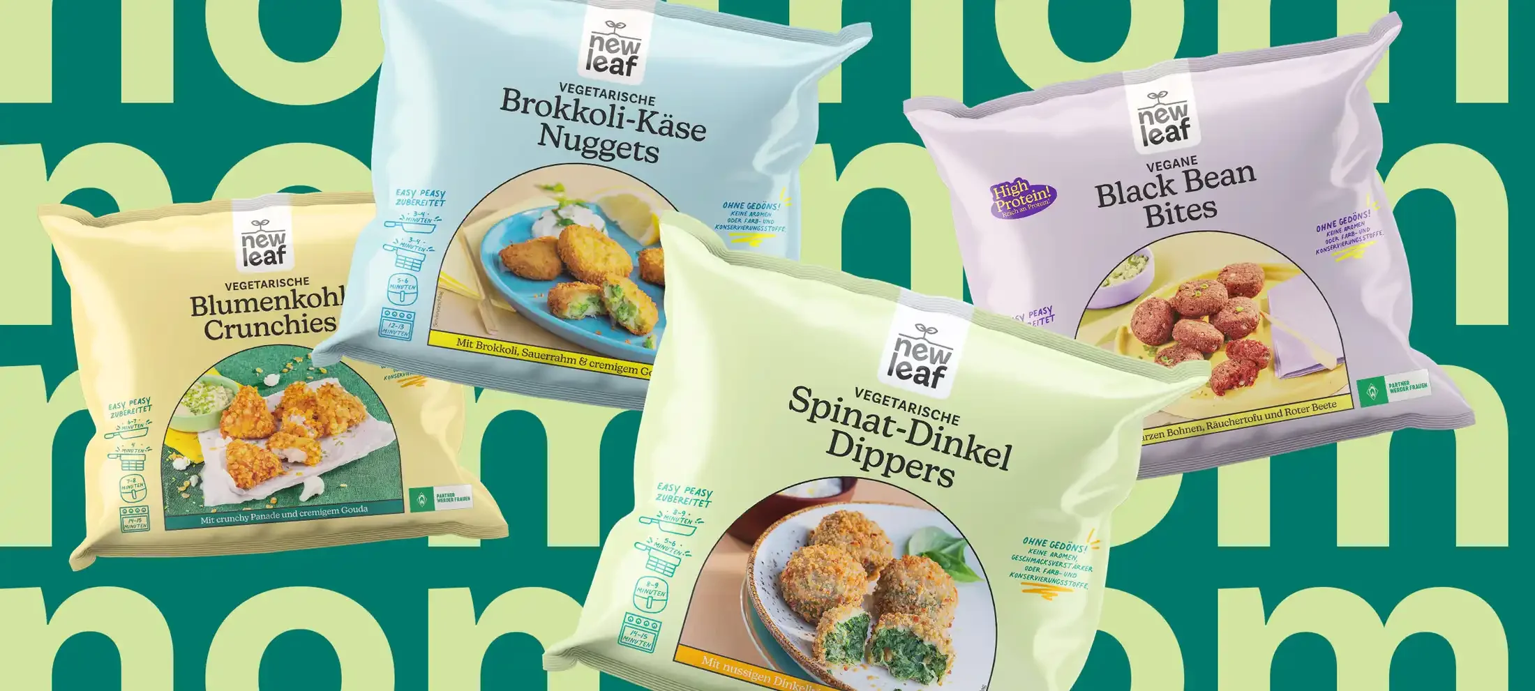 Unterschiedliche bunte Verpackungen der veganen Lebensmittelmarke new leaf.