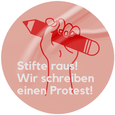 Ein Aufkleber mit einer Hand die einen Stift in die Luft hält. Dazu eine Botschaft der GEW Delmenhorst die zum Handeln aufruft