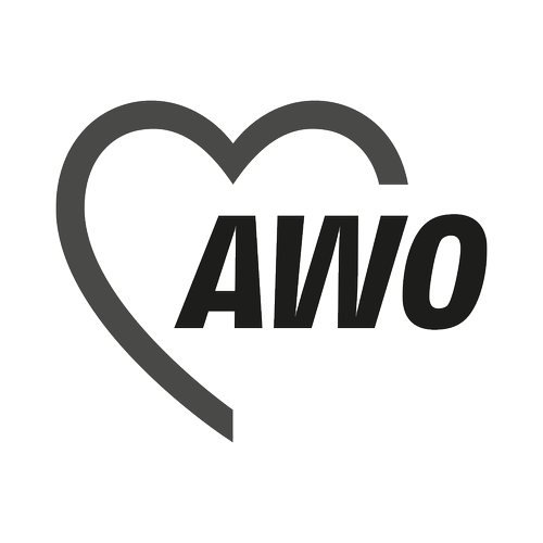 Logo der Awo - Ein Herz und die Buchstaben 'AWO' in Graustufen.