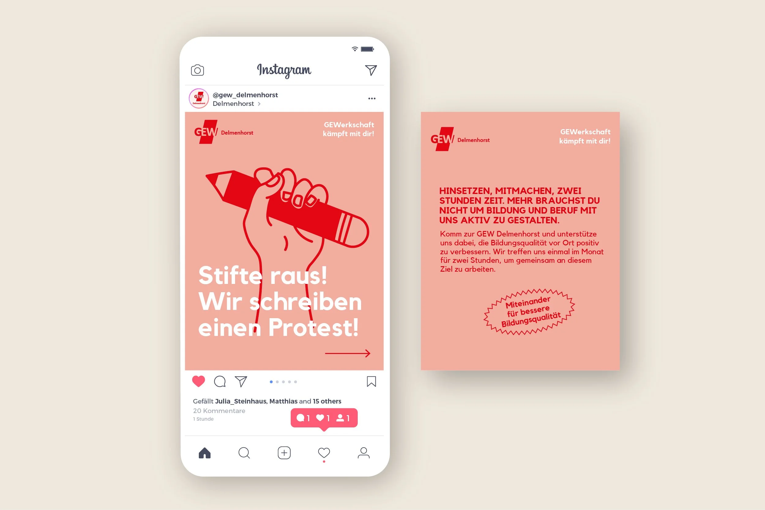 Ein stilisiertes Smartphone auf dem ein Intagram Beitrag der GEW zu sehen ist. Daneben ein weiter Post.