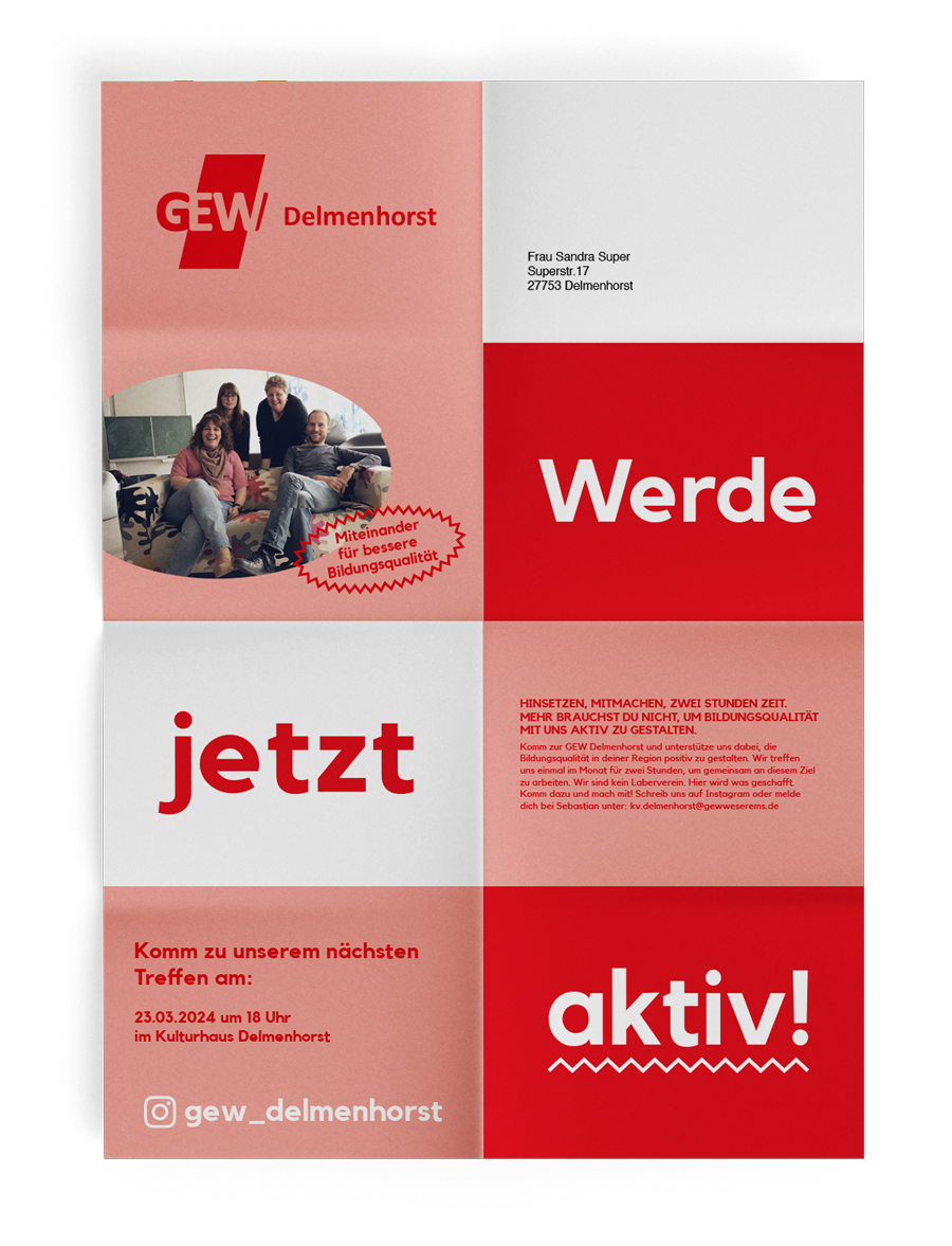 Die Rückseite eines Mailings der GEW mit der Botschaft "Werde jetzt aktiv!"