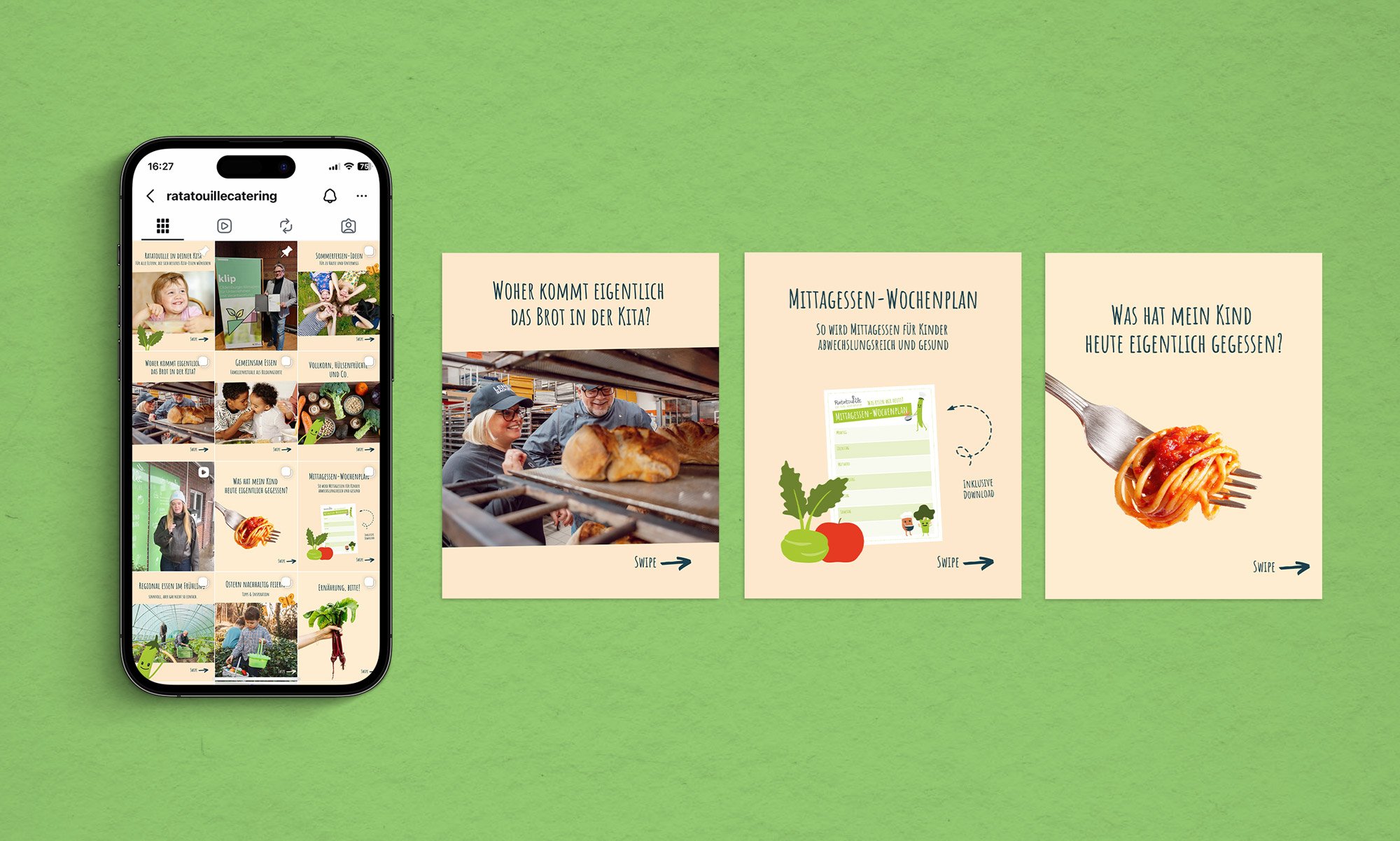 Ein Smartphone zeigt einen Instagram-Feed mit Bildern und Text. Der Hintergrund ist grün, daneben sind drei beige Notizzettel mit Fragen und Informationen, die durch Wischgesten auf dem Bildschirm entdeckt werden können, inklusive Bilder von Essen und Personen.