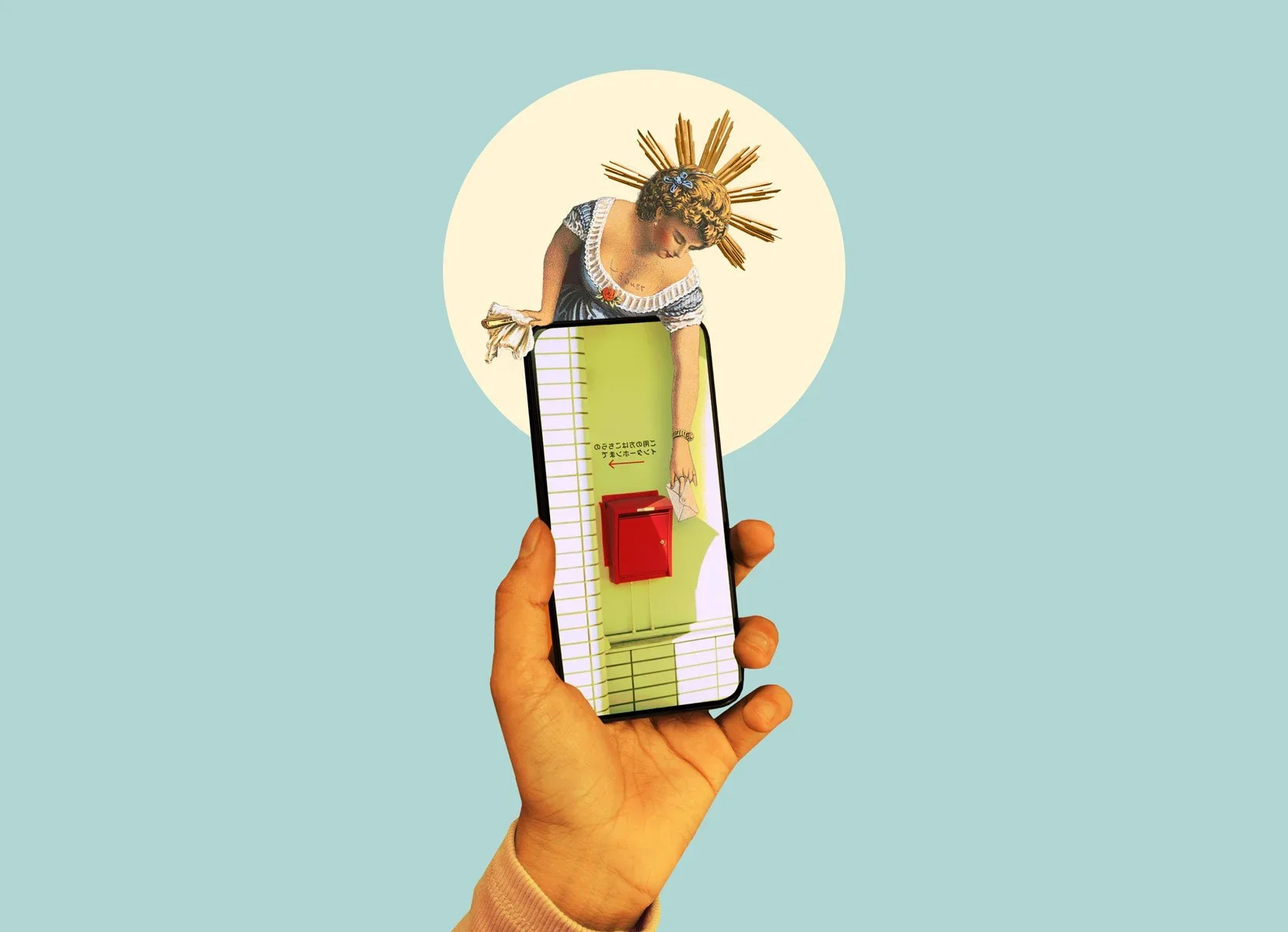 Digitale Collage mit einer Hand, die ein Smartphone hält, einem Kopfhörer, der eine klassische Heiligenfigur mit Heiligenschein zeigt, vor einem hellblauen Hintergrund.