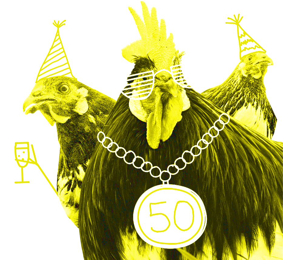 Eine Animation von drei Hühnern, die Partyhüte tragen und mit dem Kopf nicken.