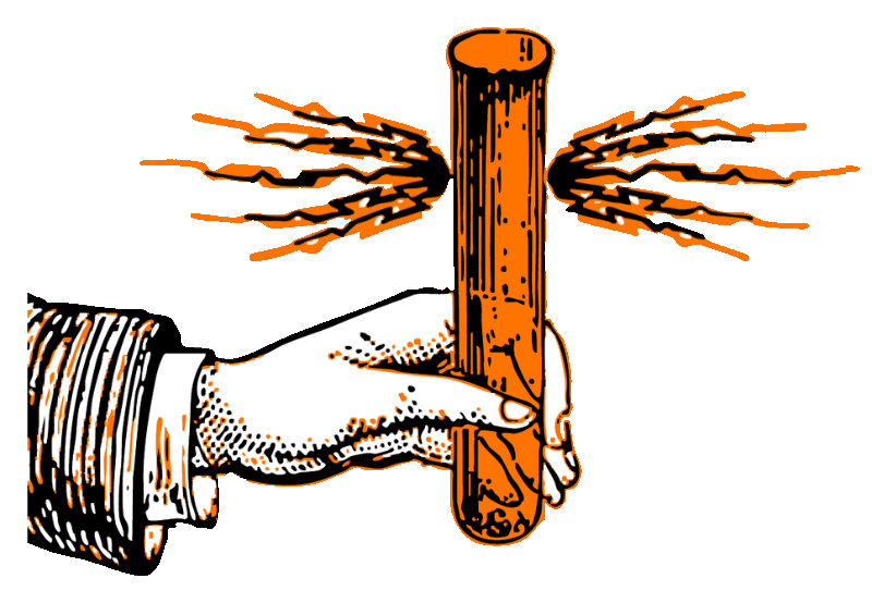 Ein handgezeichneter Cartoon eines Arms in einem gestreiften Hemd, der auf einen Baumstamm schlägt, wodurch Späne fliegen.