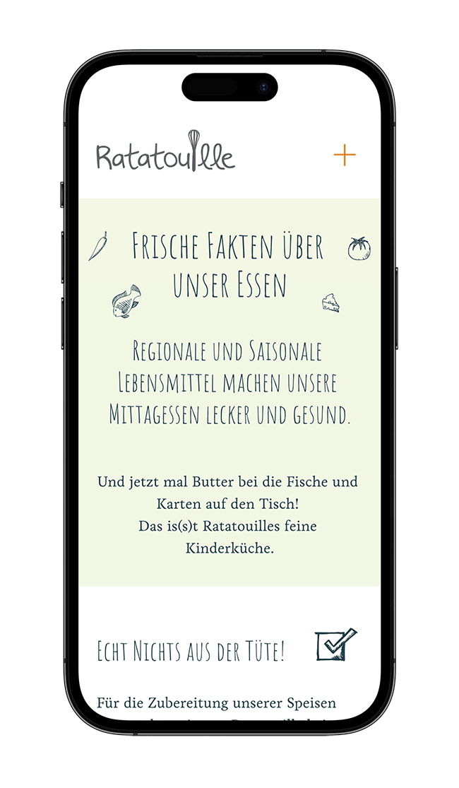 Mobile Bildschirm mit einer Webseite namens "Ratatouille", die Tipps und Fakten über Essen und Kinderküche zeigt, inklusive handgezeichneter Illustrationen von Lebensmitteln.