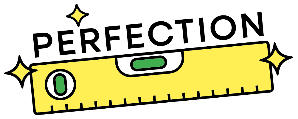 Grafik eines Wasserpegels mit dem Wort "PERFECTION" und einer Wasserwaage im Hintergrund, die auf eine perfekte Ausrichtung hinweist.