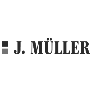 Logo mit schwarzem Symbol und Text 'J. MÜLLER' in schwarzen Buchstaben.