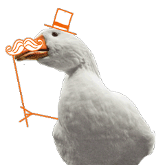 Eine Ente mit einem Zylinder und Schnurrbart.