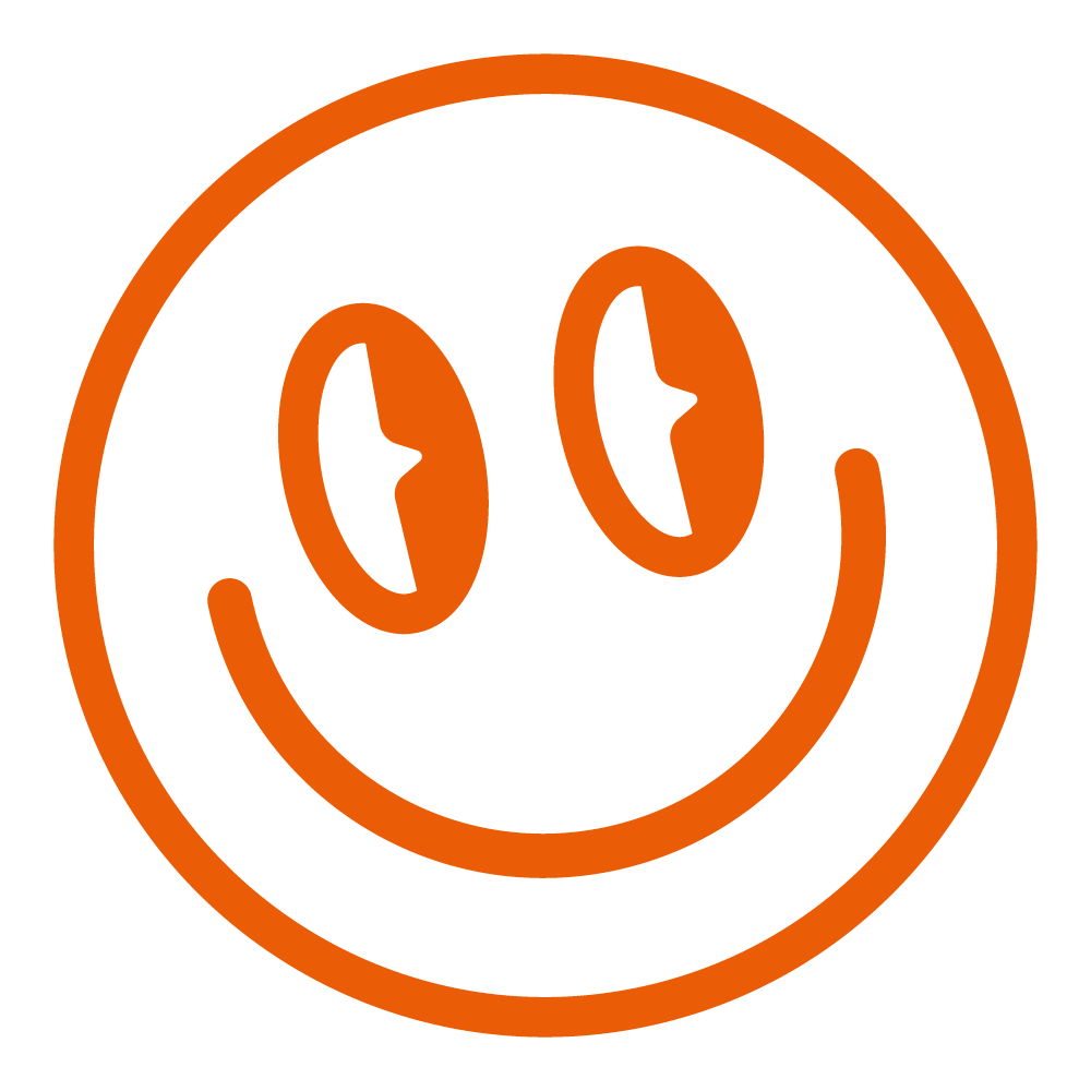 Ein lachendes Smiley-Gesicht mit orangefarbenen Konturen auf weißem Hintergrund.