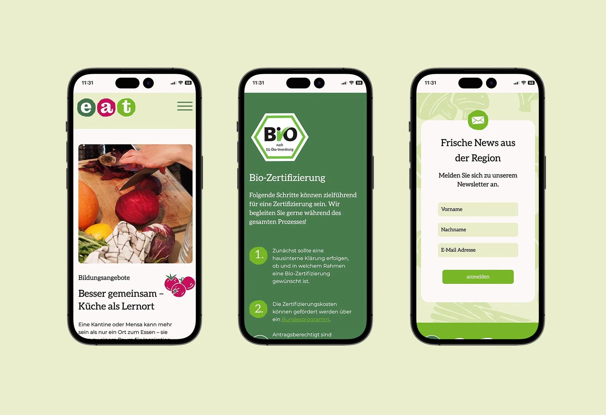 Drei Smartphones auf hellgrünem Hintergrund, die verschiedene Unterseiten der Website "www.eat-ow.de" zeigen.