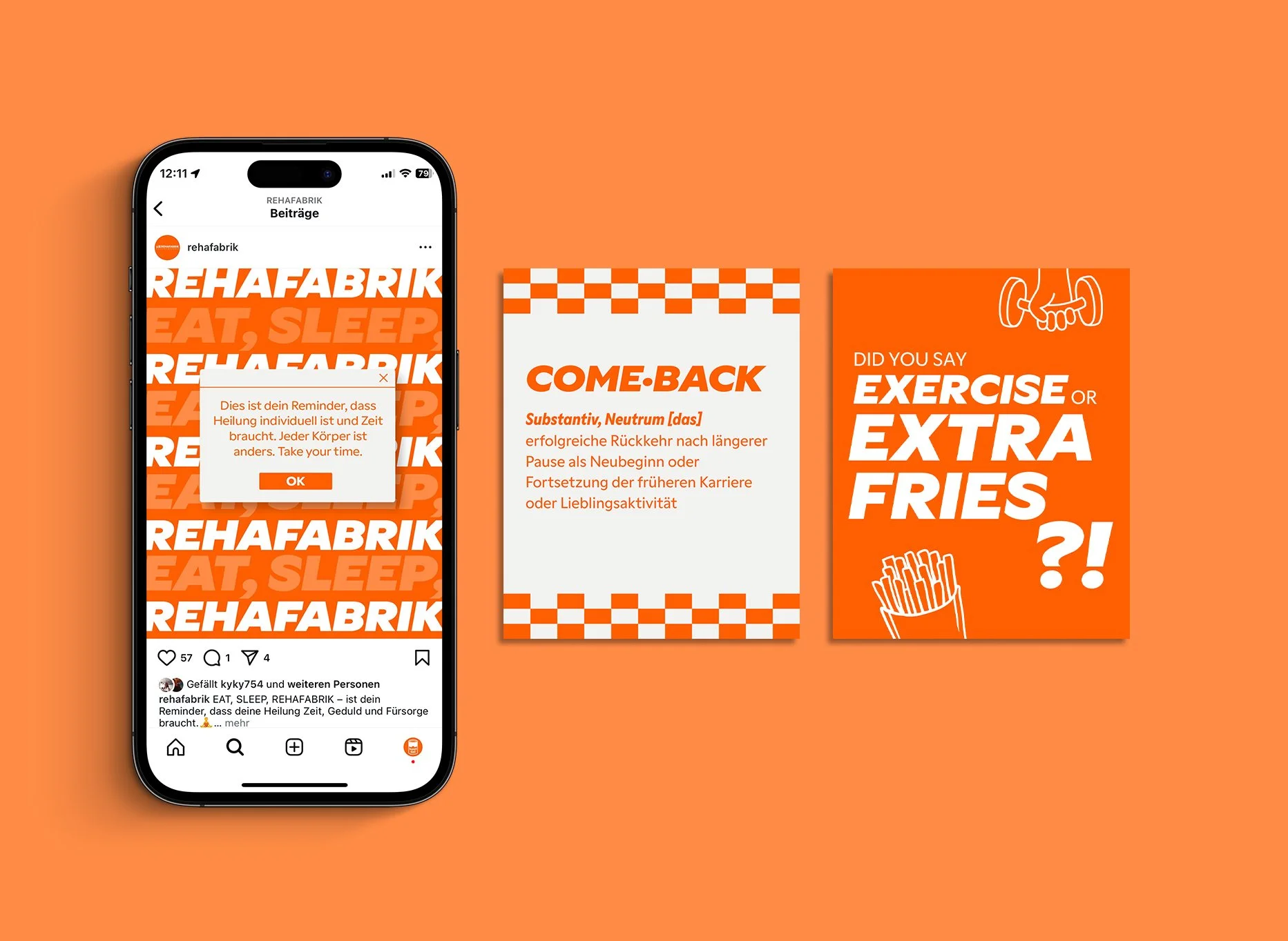 Ein Smartphone, das einen Instagram Beitrag der REHAFABRIK zeigt.
