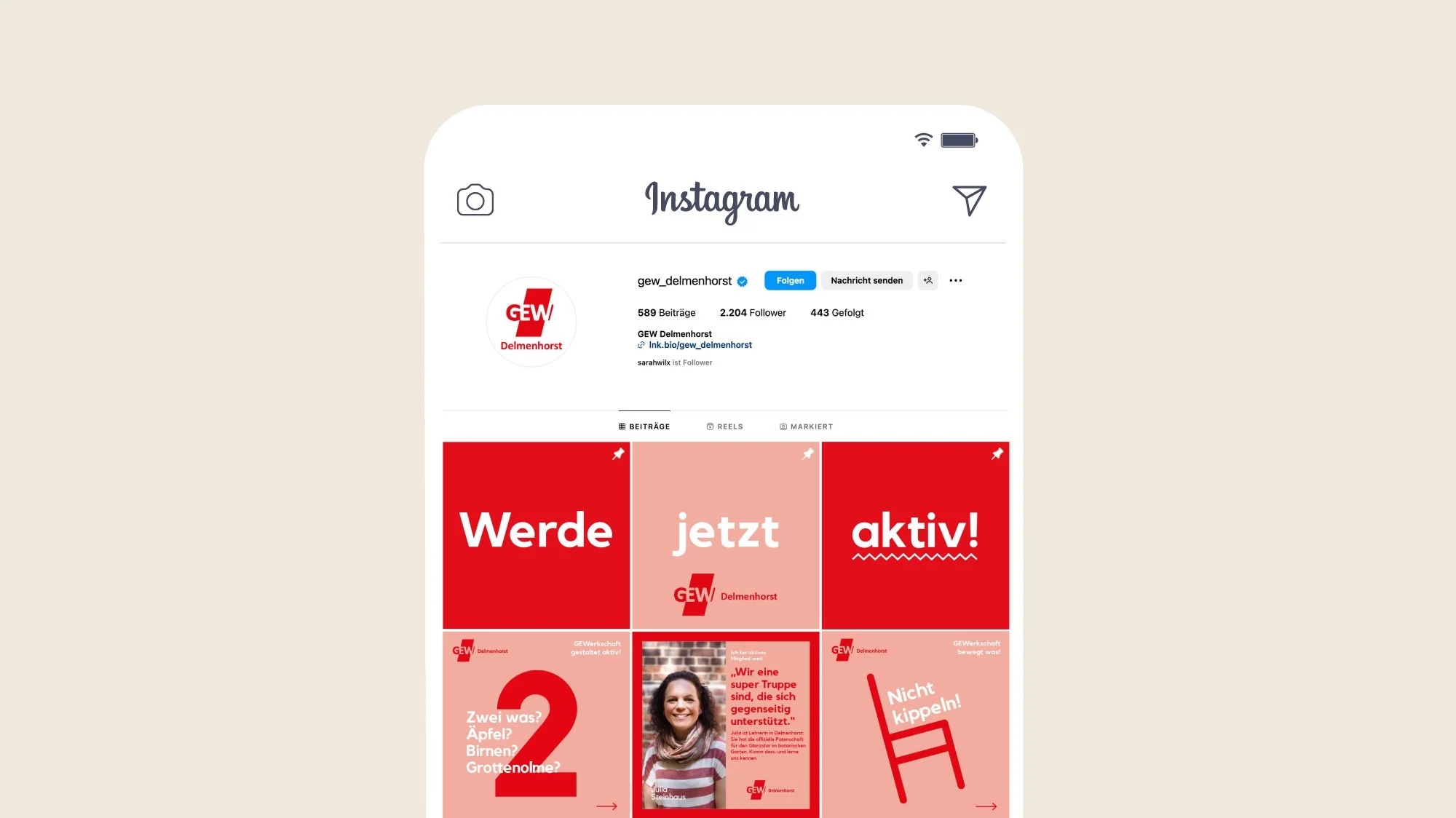 Ein stilisiertes Smartphone, die den Instagram Feed der GEW zeigt.