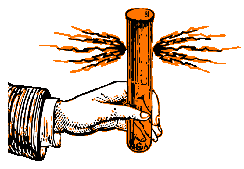 Ein handgezeichneter Cartoon eines Arms in einem gestreiften Hemd, der auf einen Baumstamm schlägt, wodurch Späne fliegen.