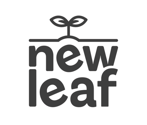 Grafik mit einem jungen Blatt, das an einem Stamm wächst, über dem die Worte 'new leaf' stehen.