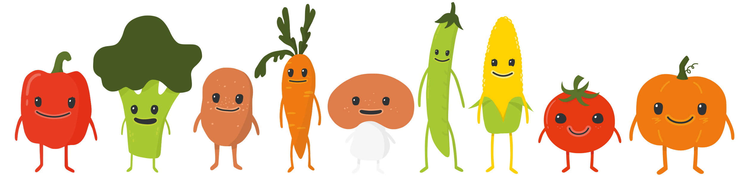 Illustration verschiedener Gemüsesorten mit lachenden Gesichtern, darunter Paprika, Brokkoli, Kartoffel, Karotte, Zucchini, Mais, Tomate, Kürbis.