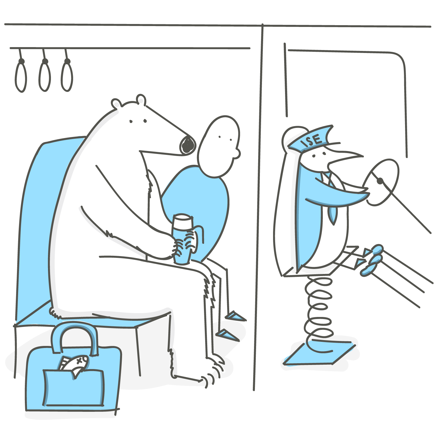 Eine Zeichnung eines Pinguins, der in einem Wartebereich sitzt, während ein Mann mit einem Kaffee in der Hand auf einem Sitz sitzt. Es gibt einen Koffer mit einem Zugticket und eine Tragetasche. Auf der rechten Seite ist ein Fernseher mit dem ISE-Logo, der einen Pinguin zeigt, der einen Steuerschein hält.