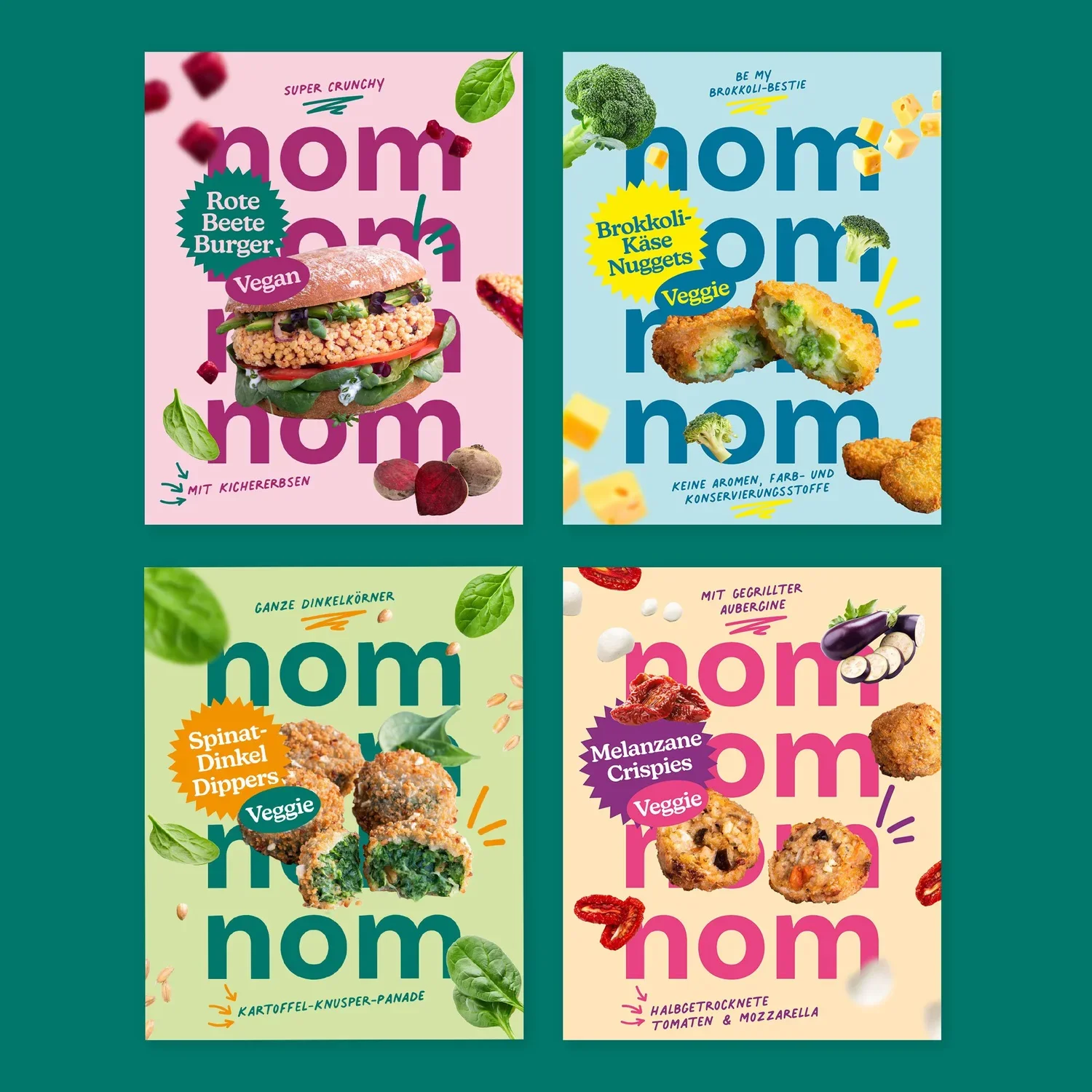 Vier Lebensmittelpackungen, jeweils mit bunten Hintergründen, zeigen verschiedene vegetarische Gerichte. Die erste Packung rechts oben zeigt einen Brokkoli-Käse-Nugget, die zweite unten links Spinat-Dinkel-Dippers, die dritte unten rechts halbtrockene Tomaten und Mozzarella, die vierte oben links einen veganen Rote-Beete-Burger.