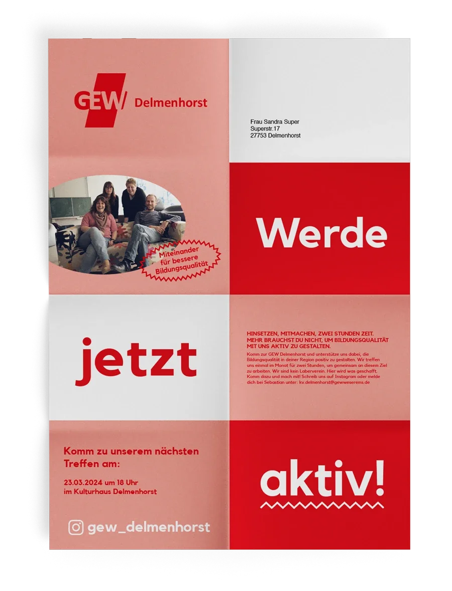 Die Rückseite eines Mailings der GEW mit der Botschaft "Werde jetzt aktiv!"