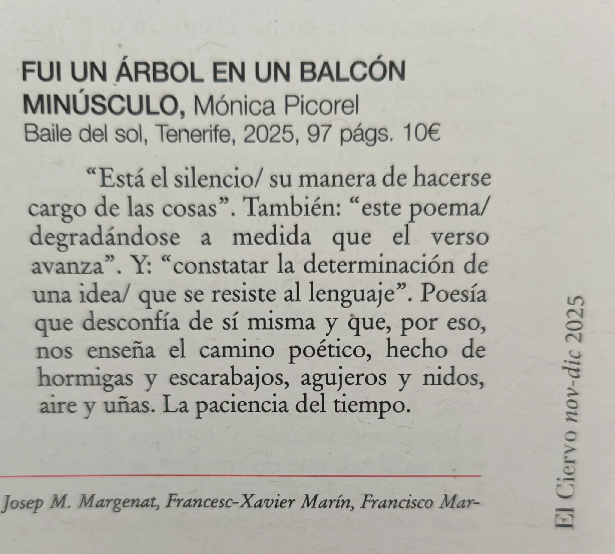 EL CIERVO / reseña de Jesús Aguado de “Fui un árbol en un balcón minúsculo” de Mónica Picorel (Baile del Sol, 2025)
