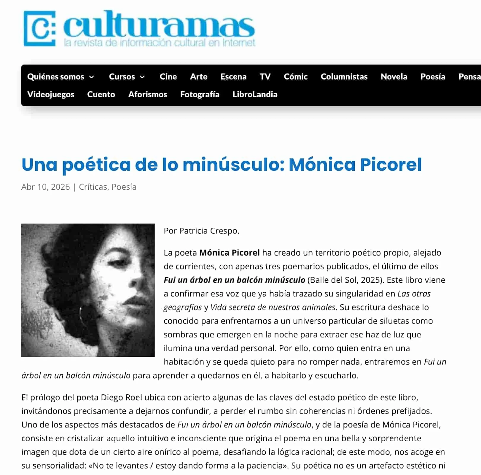 Culturamas / reseña de Patricia Crespo de “Fui un árbol en un balcón minúsculo” de Mónica Picorel (Baile del Sol, 2025)
