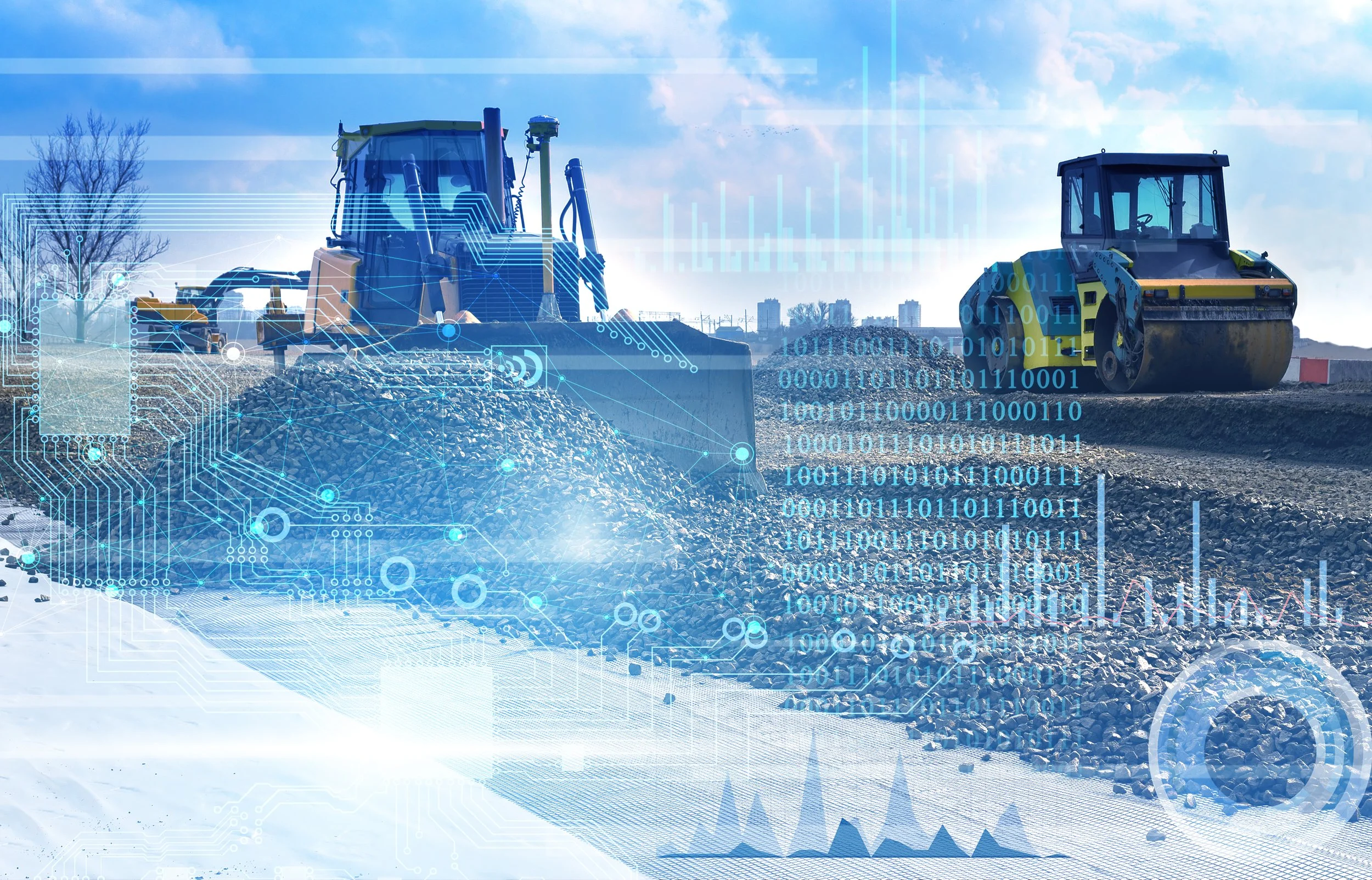 Construction site with two bulldozers on a partly cloudy day, overlaid with digital graphics, binary code, and data visualizations.