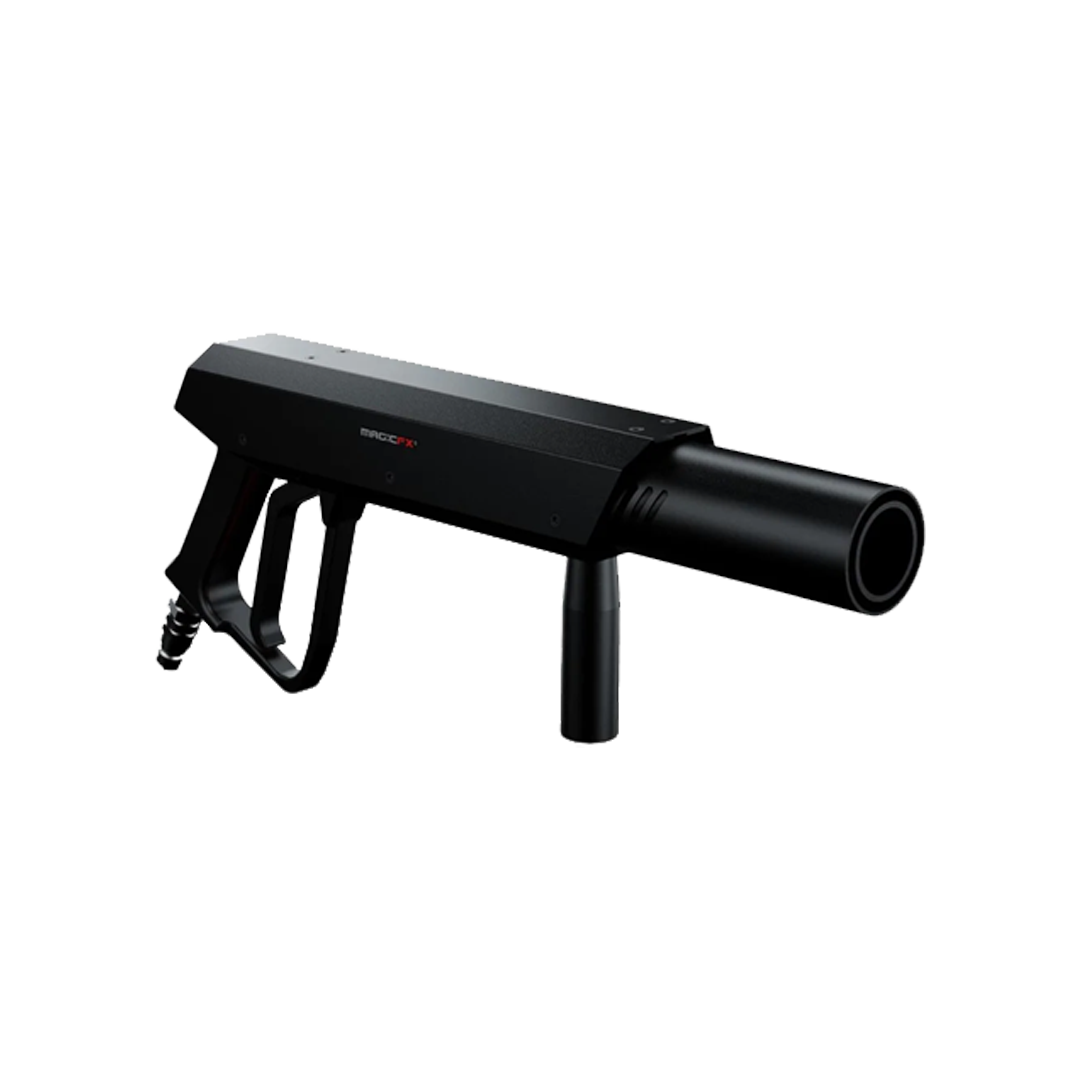 A black laser gun resembling a sci-fi weapon with a barrel, handle, and trigger.