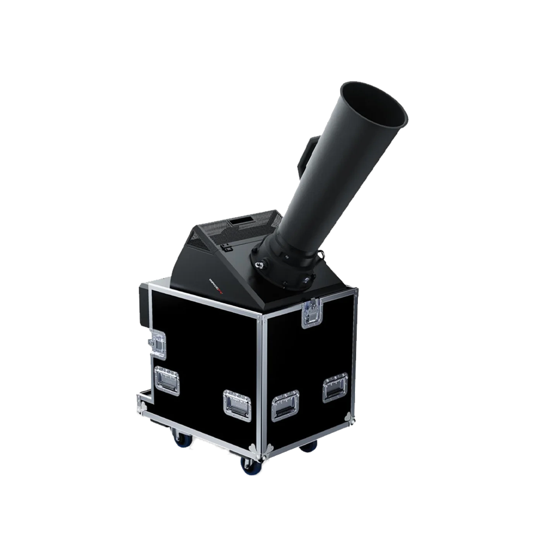 Black portable device with a large cylindrical tube mounted at an angle, sitting on a wheeled black case with metal edges.