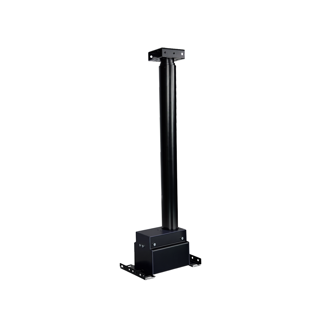 Black metal adjustable stand with rectangular base and vertical pole, supporting a large display screen.