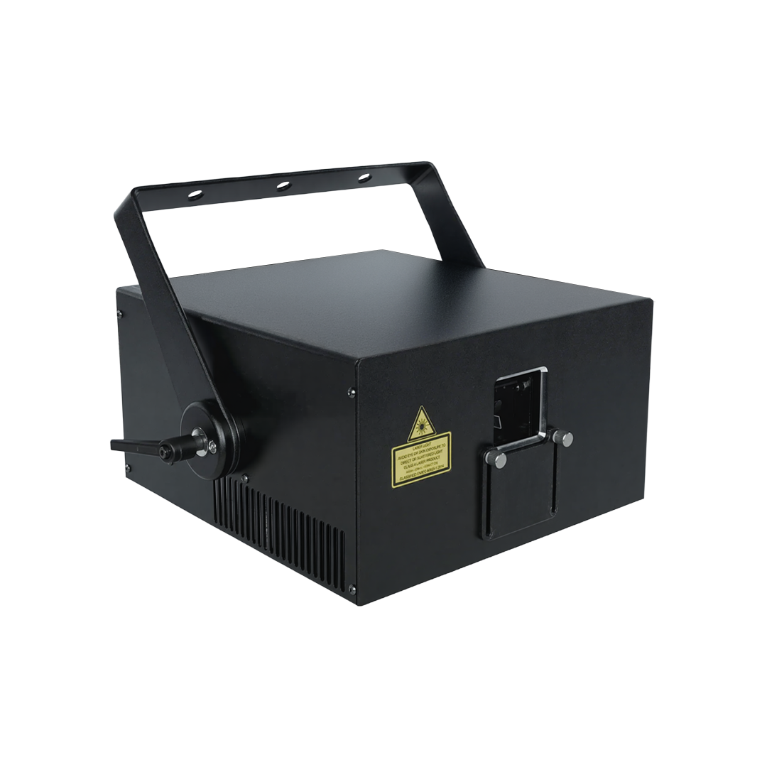 Laser engraving or cutting machine with black metal body and adjustable lid, warning laser safety label.