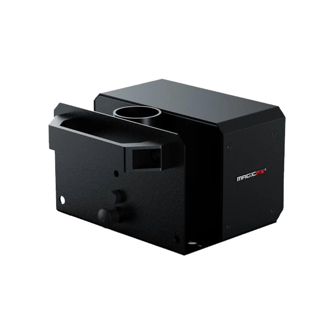 Black camera lens focusing device labeled 'Macro FX' with adjustment knobs and lens housing.