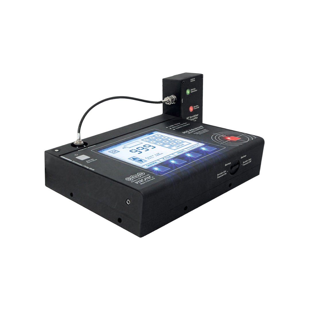 Medical defibrillator with touchscreen display and electrode pads.