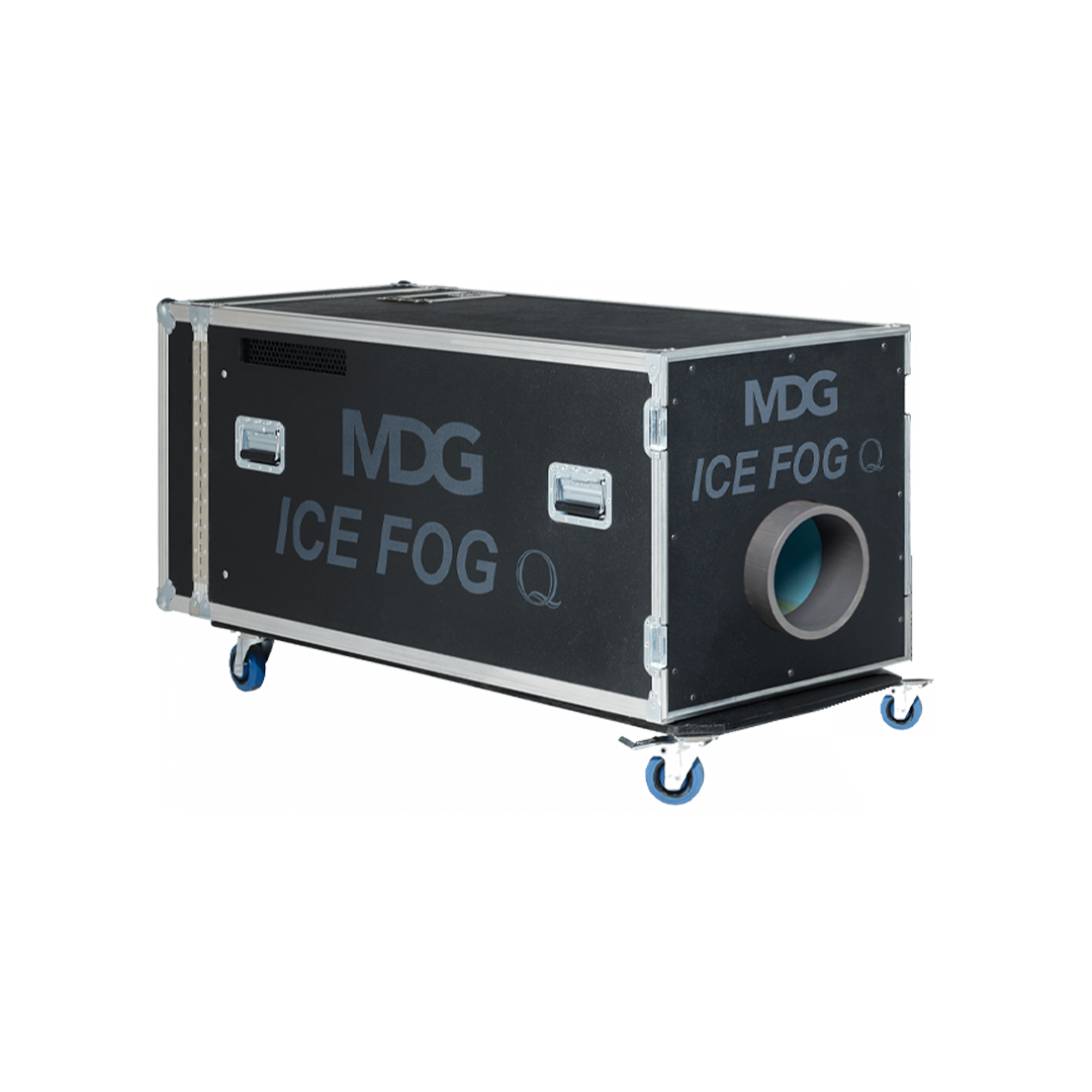 A large black case with metal edges, labeled 'MDG ICE FOG Q,' on wheels. It appears to be a fog machine used for special effects.