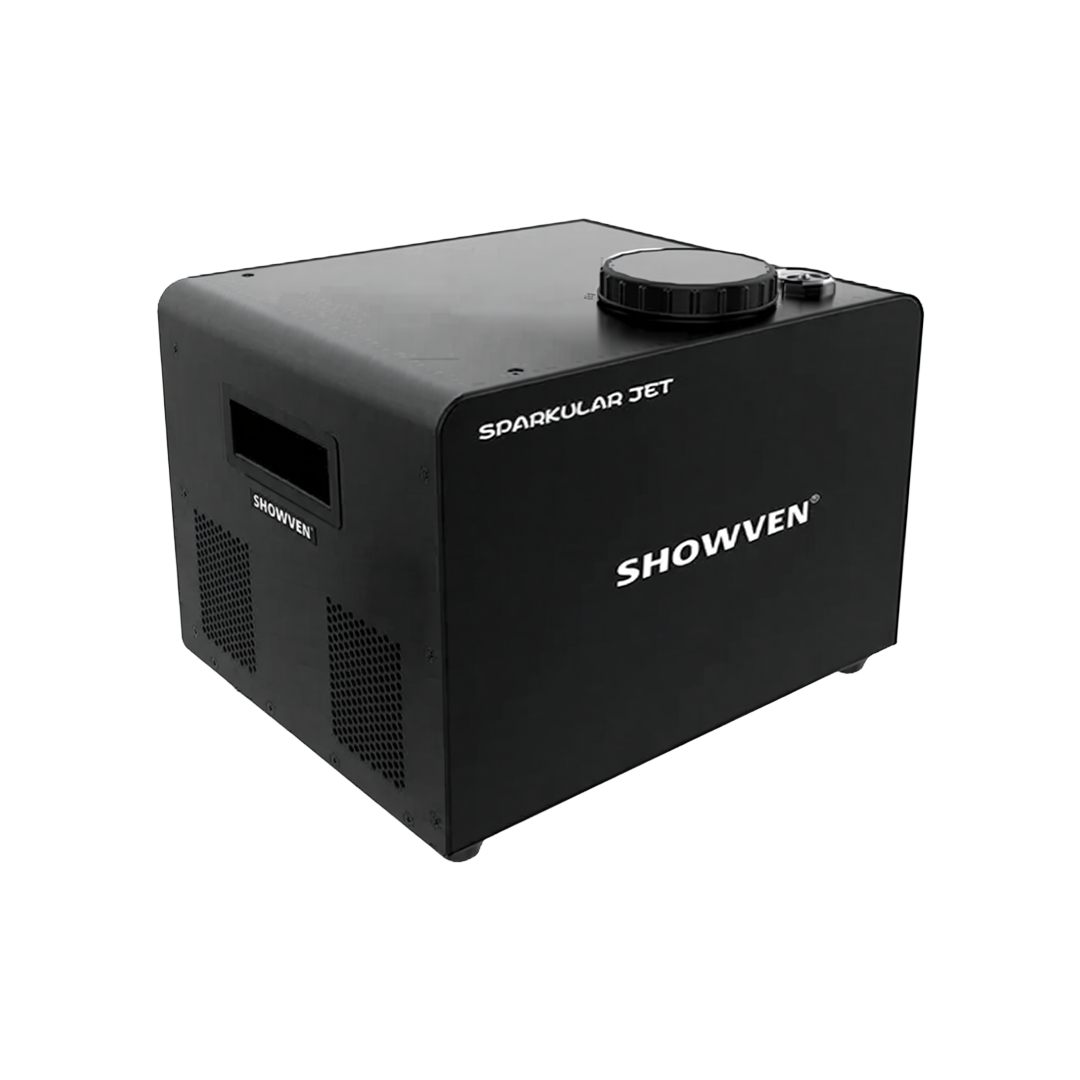 Black Showwen Sparkular Jet machine used for special effects with a control dial on top.