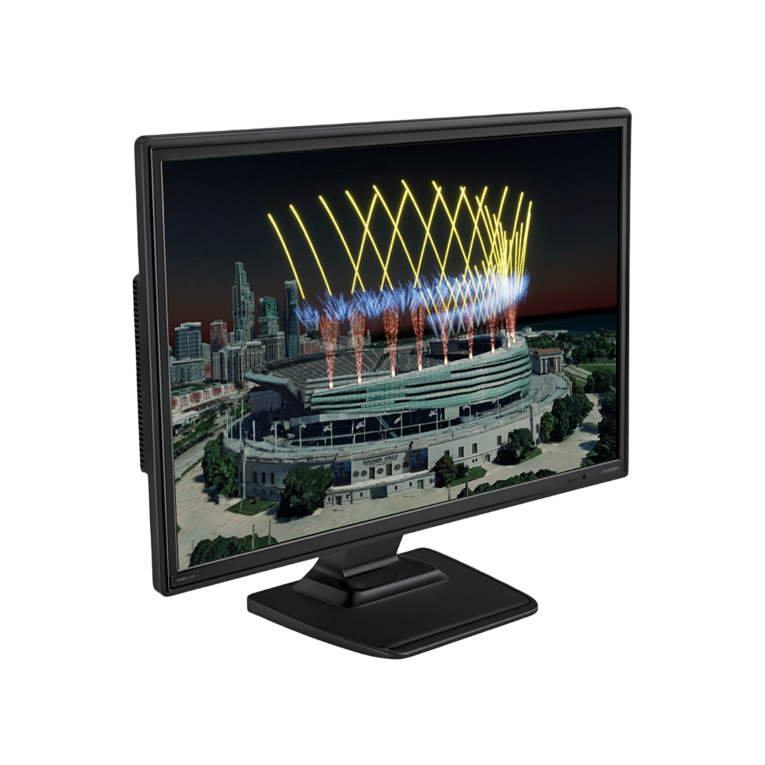 A computer monitor displaying fireworks over a stadium and city skyline at night.