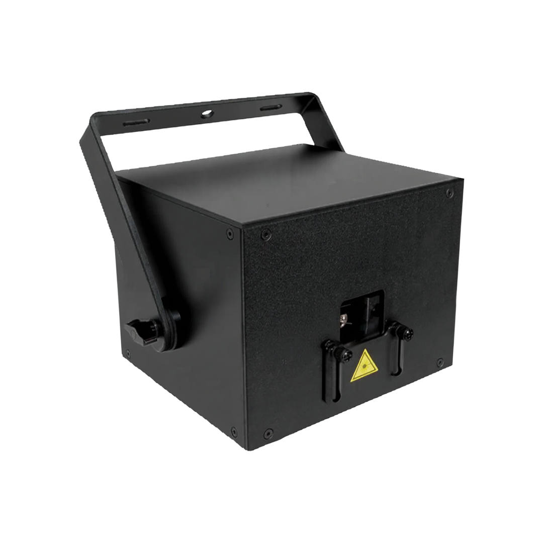 Black laser or industrial equipment with warning symbols, mounted on a stand.