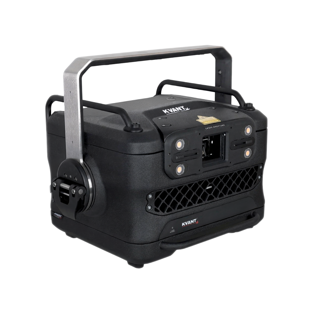 A portable laser projector with a black body, labeled 'KVANT', featuring multiple LED lights, a central empty slot for a lens or light source, and a sturdy metal handle for carrying.