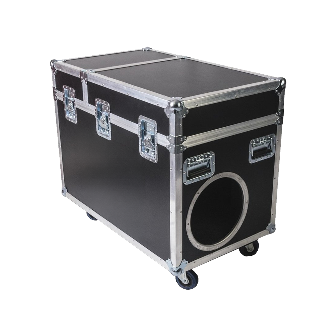 Large black flight case with metal edges and handles, on wheels, with a large circular hole on one side.
