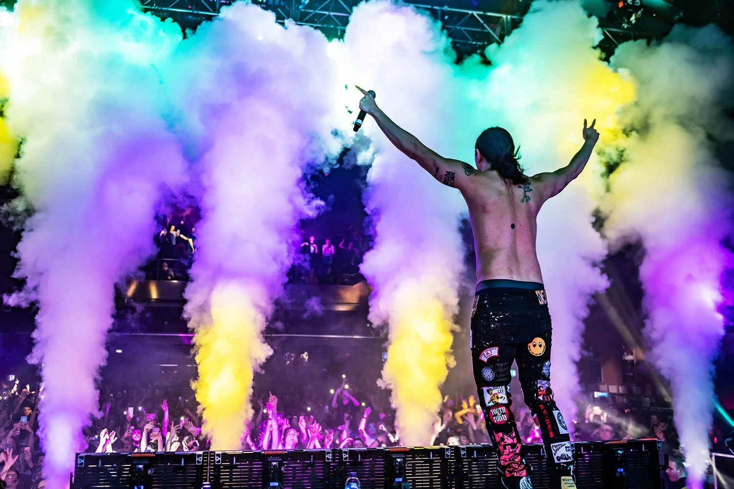 A shirtless DJ with tattoos on his arms and back stands with his arms raised, holding a microphone, on a DJ booth in a packed club or concert venue. Colorful smoke effects and vibrant lighting surround him, with the audience visible in the background.