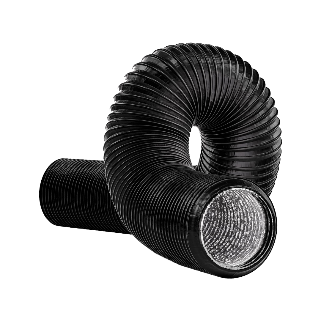 Two black flexible duct hoses with ribbed exteriors, one curved into a loop and the other lying straight, with reflective interiors.