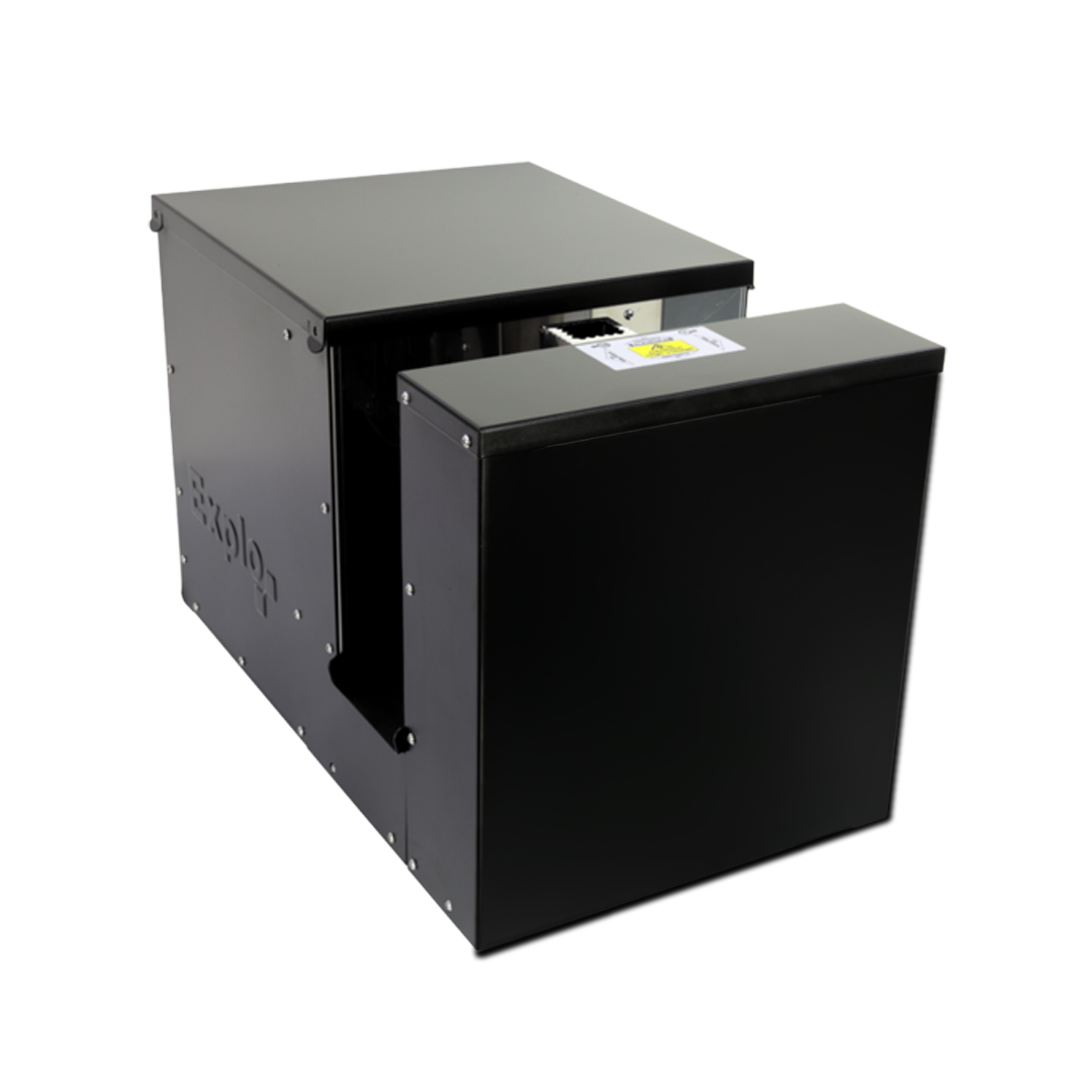 A black and gray computer server or electronic equipment enclosure with a vented side panel and hardware mounting slots.